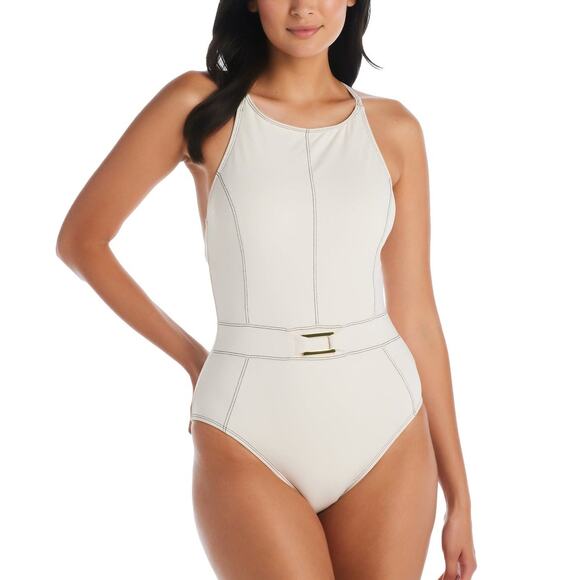 BLEU ROD BEATTIE Belted One Piece Swimsuit Molded Cups Sweetheart Neck White 10 - Picture 2 of 9